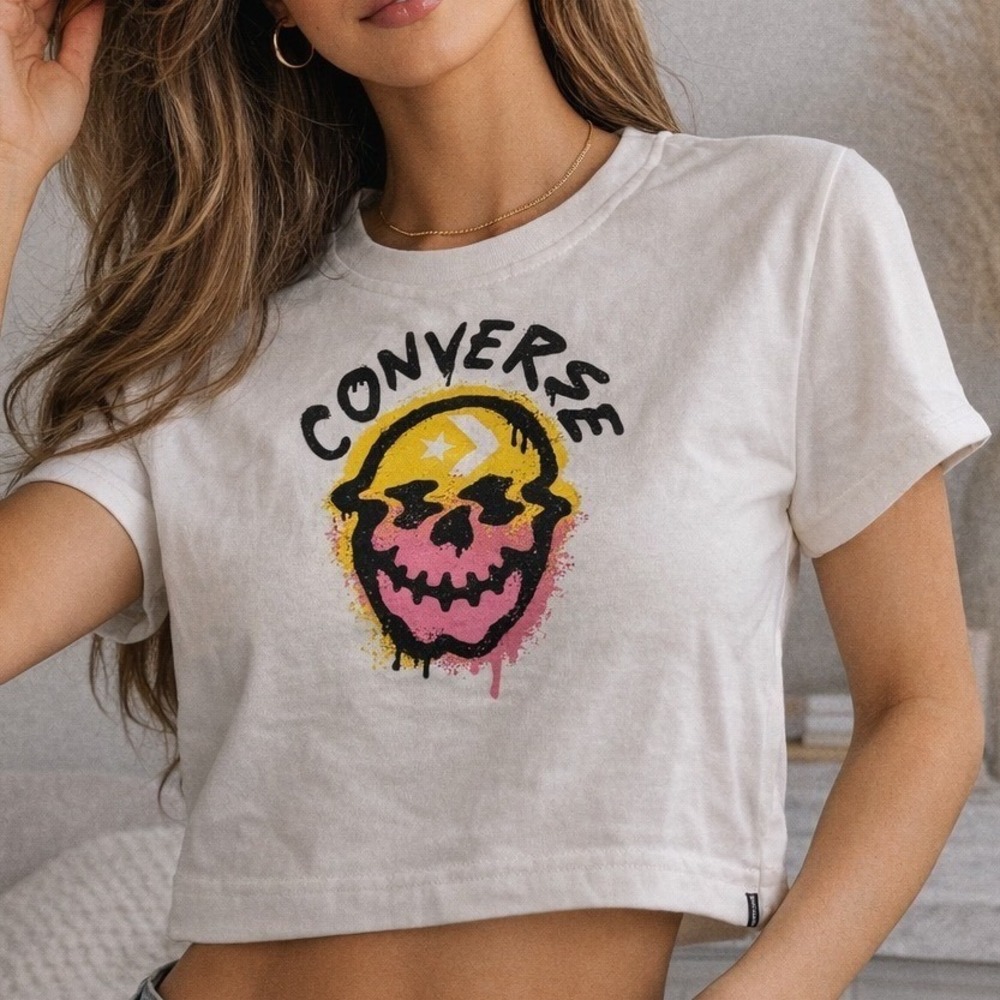 Converse White Skull Graphic Cropped T‎ Shirt Women's XS